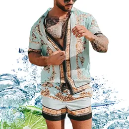 Herrtröjor tröjor sommar avslappnad lös trycktraktioner tvådelar skjortor strand kostym andas bekväm blus och shorts set