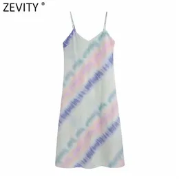 Zevity mulheres vintage colorido gravata tingido cópia casual sling midi vestido feminino chique chique espaguete pulseira verão vestidos ds8203 210623