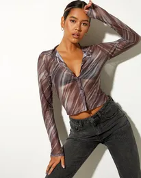 Women's T-Shirt Women’s Button Down Shirts Sexy Long Sleeve Striped Print Sheer Mesh Lapel Crop Tops Slim Fir Female Casual