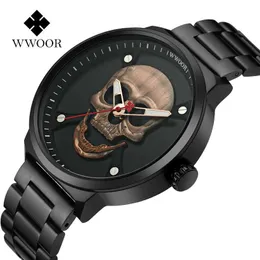 WWOOR Fashion Pirate Style Skull Watch Men Top Brand Luxury Men Orologi da polso al quarzo in acciaio inossidabile impermeabili Orologi sportivi da uomo 210527