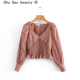 Chu Sau beauty Fashion Beautiful Plaid Short Tops Women Casual Style Chic Elastic Waist Top Female Camisa De Mode 210508