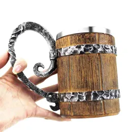 Trä imitation fat rostfritt stål öl muggar Viking stil trä öl kopp tankard drinkware som julklapp 210804