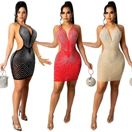 Casual Dresses Women Dress Sexy Diamond Mesh Perspective For Night Club Solid Halter V-neck Backless Sleeveless Mini Summer