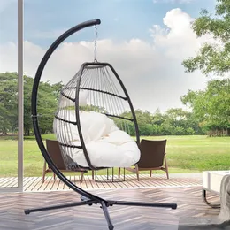 Patio Wicker Folding Hanging Chair Rattan Swing Hammock Egg Chair With C Type Bracket With Cushion And Pillow For Indoor Outdoor U2341