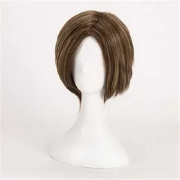 Takerlama leon scott kennedy cosplay wig män kort brunt hår oändligt mörker kostym huvudbonad rekvisita halloween part accessori y0913