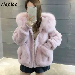 Neploe Koreański Styl Z Kapturem Podwójne Kieszenie Faux Fur Coat Jesień Zima Stałe Kolor Zip Kurtka Moda Słodkie Kobiety Topy 210423