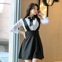 Mode Designer Korean Suit Spring Women Långärmad Bow Ruffles Blouse Toppar + Spaghetti Strap Striped Skirt Two-Piece Set 210529