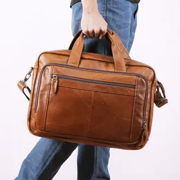 Handväska Mäns Äkta Läder Stor 15.6 "Laptop Male Travel BriefCases Tote High Quality Shoulder Messenger Bag