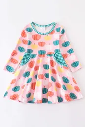 Girlymax Fall Baby Girls Chlidren Kids Clothing Milk Silk Pumpkin Twirl Dress Plaid Pocket Knee Length Long Sleeve Q0716