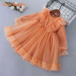 곰 리더 키즈 소녀 Voile 귀여운 드레스 새로운 패션 아기 소녀 메쉬 주름 껍질 의상 웨딩 공주 파티 Vestidos 3-7 년 G1129