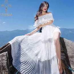 YOSIMI Summer Long Woman Dress Maxi Elegant Chiffon White Fairy Tunic Bohemian Beach Pleated Off The Shoulder Cupcake 210604