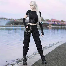 Y Demo techwear Casual Women Cargo Pants Sashes High Waist pockets Full Length Drawstring Trousers Female Fashion Clothes 211124