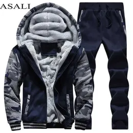 Tractsuit Men Sporting Polar Gruby Z Kapturem Brand-Clothing Casual Track Garnitur Kurtka + Pant Warm Fur Wewnątrz bluzy zimowej 211230