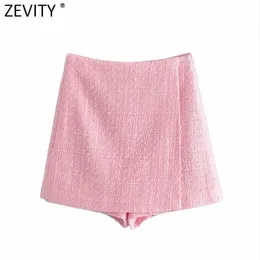 Zevity Kvinnor Mode Rosa Färg Kontrollera Textur Slim Tweed Skirts Shorts Kvinnlig Sida Zipper Chic Pantalone Cortos P1098 210603