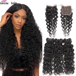 Ishow Virgin Weave Extensions Body Wave 8-28inch For Women Straight Deep Loose Curly Water Wefts Natural Black Color Human Hair Bundles with Lace Closure Peruvian