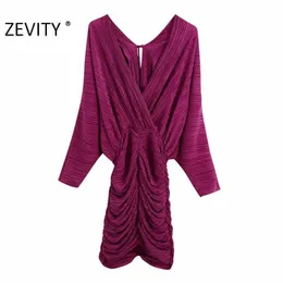 ZEVITY Frauen Sexy Kreuz Tiefem V-Ausschnitt Solide Presse Plissee Schlank Minikleid Weibliche Fledermausärmel Kimono Vestido Chic Kleider DS4473 210603