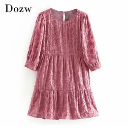 Słodka bawełniana broderia różowa sukienka kobiety pół rękaw eleganckie kwiaty mini chic o szyja plisowany linia es 210515