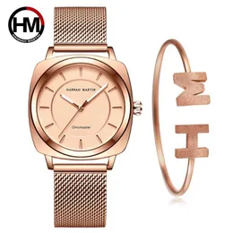 1 Zestaw Bransoletka Modern Fashion Rose Gold Quartz Damskie Kobiety Ze Stali Nierdzewnej Mesh Casual Square Wrist Watch Gift dla kobiet 210527