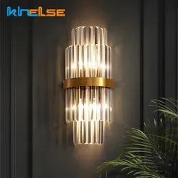 حديثة LED CRYSTAL GOLDEN WALL LAMP أوروبا غرفة المعيشة الفاخرة الشمعدانات غرفة نوم بجانب السرير درج ديكور الإضاءة الإضاءة الإضاءة E14 مصابيح