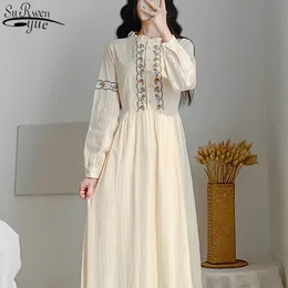 Vestido de bordado floral vintage mulheres mola manga longa damasco es alta cintura vestido de mujer botão 12918 210427