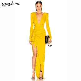 Darmowe damskie Seksowne Marksy Dress Yellow V-Neck Długi Rękaw Bodycon Split Plised Lace-Up Club Party Vestidos 210524