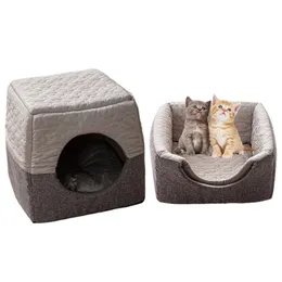 Foldable Cat Bed Soft Cooling Summer Dog s Warm Removable Pet for Small Cave House Sleeping Bag Mat Pad Tent 211111