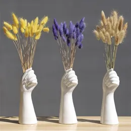 1pcs Ceramic White Hand Vase Nordic Style Home Office Decor Creative Plant Flower Floral Composition Living Room Ornaments 211215