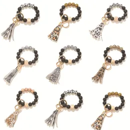 Fashion Black Frosted Wooden Bead Bracelet Keychain key chain Pattern Tassel Pendant Bracelets Women Girl Key ring keyring Wrist Strap Accessories gift