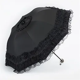 Spets kvinnor regn paraply sol paraguas mujer svart parasoll vikning prinsessan Guarda chuva invertido UV skydd dekoration 210721