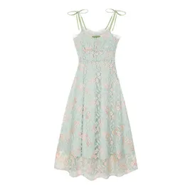 PERHAPS U Green Mesh Lace Floral Print Strap Sleeveless Dress Midi Sundress Elegant D1002 210529