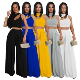 Designer Women Two Pieces Pants Outfits Summer Sexy Solid Color Sleeveless Round Neck Vest Wide Leggings Fashion Loose Suits Plus Size