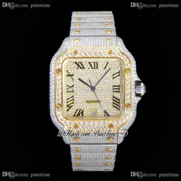 2021 XL Paved Diamonds ETA A2824 Automatic Mens Watch Fully Iced Out Two Tone Yellow Gold Roman Quick Switch SS Bracelet Jewelry Super Edition Puretime C3