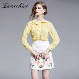 Women 2 Two Piece Set Sweet Tracksuit See Through Lotus Edge Chiffon Shirts Top + Embroidery Flower Skirt Matching Sets Outfits 210416