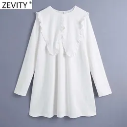 Zevity Kobiety High Street Big Perter Pan Collar Patchwork Biała Mini Koszula Sukienka Kobieta Chic Koronki Agarowe Ruffles Vestido DS8106 210603