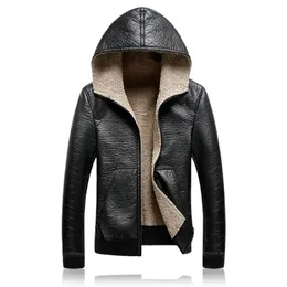 Męskie Kurtki Skórzane Kapturem Mężczyźni Business Casual Plus Grube Ciepłe Wiatroszczelne Fleece PU Leather Coats Motorcycle Suede Jacket 5XL 211111