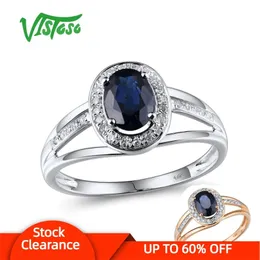 VISTOSO 14K White Gold Rings For Women Genuine Sparkling Diamond 7X5mm Blue Sapphire Engagement Anniversary Unique Fine Jewelry 211217