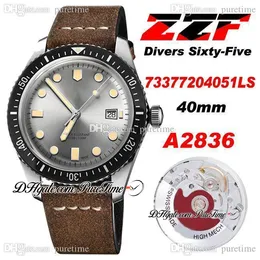 ZZF nurka Sześćdziesiąt pięć A2836 Automatyczny Zegarek Mens 2021 Gray Dial Brown Skórzany pasek z białych zegarków Super Edition 73377204051LS ETA PureTime