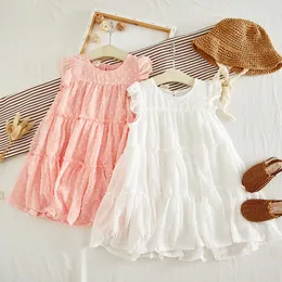 夏のドレス幼児の赤ちゃんの女の子フライスリーブソリッドボウのドレス服ドレスSundress Princess Dresses Baby Girl Outfit Robe Vestido Q0716