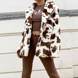 テディソフトの毛皮の秋冬暖かい牛プリントコート女性のファッションルーズジャケット女性の襟長袖オーバーコート210415