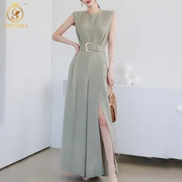 Mode Koreanska Temperament Slim Waist Split Wide Leg Jumpsuit Kvinnors Ärmlös Sommar Monos Mujer 210520