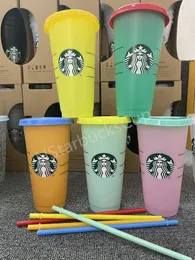 Copos frios reutilizáveis Starbucks que mudam de cor, copo de plástico com tampa, copo preto, oz, coleção de verão, livebecool