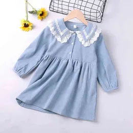 Meninas vestido para 2-6y outono inverno rendas colar manga comprida sólida imprimida es doce crianças princesa 210515