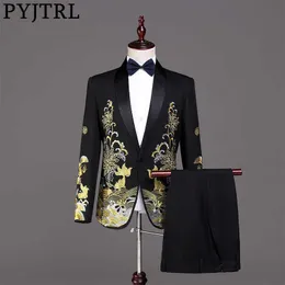 PYJTRL Men Fashion Gold Embroidery Suits White Black Red Prom Dress Stage Singers Costume Wedding Groom Tuxedo Jacket With Pants X0909