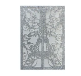 2021 Gold Laser Cut Cut Fold Wedding Invitacje Eiffel Tower Sparkle Card Zaproszenie do Bridal Brunch z czerwoną wstążką DIY pigwa zaproś