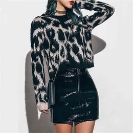 Kvinnor Leopard Print Jumper med Ribbed Trims Casual Sweater Knit Top 210512