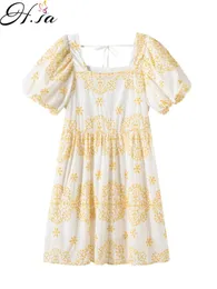 HSA Avrupa ve Amerikan Yaz Rüzgar kadın Sarı Çiçek Işlemeli Kare Yaka Kısa Kollu Elbise 2259 210716