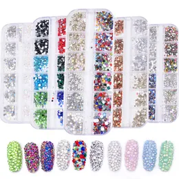 12 galler / box nagelkonst rhinestone blandad kristall rhinestone diamant pärla akryl nagel diamant platt baksida glänsande 3d naglar tillbehör