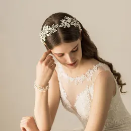 SLBRIDAL Handgjord Alloy Wired Rhinestones Crystal Pearls Bröllop Headband Bridal Vine Hair Tillbehör Kvinnor Smycken