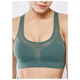 Gym Clothing Women Comfortable Paded Yoga Bra Horizontal Shockproof Fitness High Elastic Mesh Splicing Back Pocket Absorb Sweat Athletic