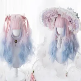 Synthetic Wigs MEIFAN Long Lolita Wavy Mixed Color Pink Blue Ainme For Women Halloween Cosplay Costume Cute Wig